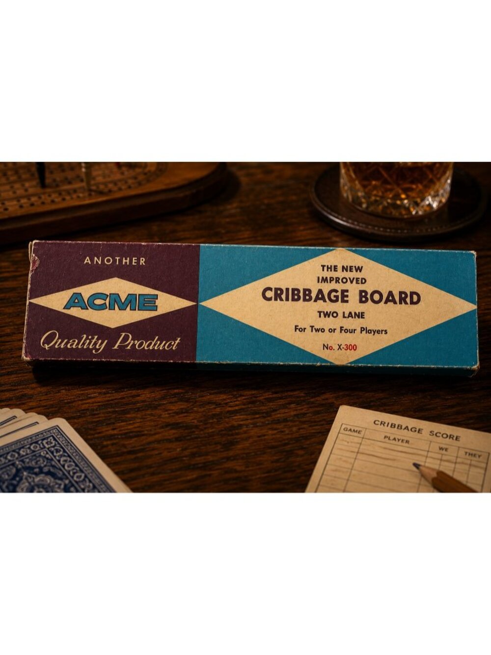 Vintage ACME Two Lane Cribbage Board with Original Box! Circa 1960.